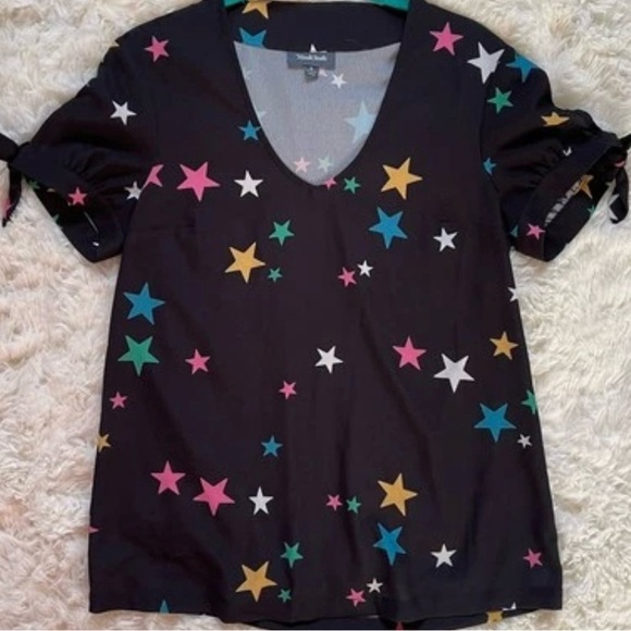 ModCloth Black Star Print Tie‑Sleeve Blouse V‑Neck Whimsical Celestial Top‎ Sz S - Picture 5 of 9